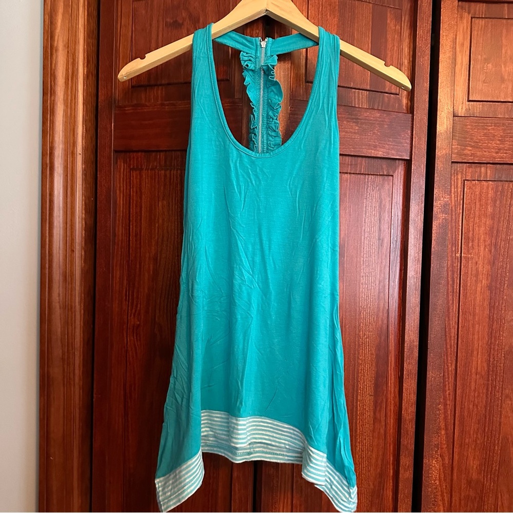 Turquoise Tank with Striped Hem and Zipper back